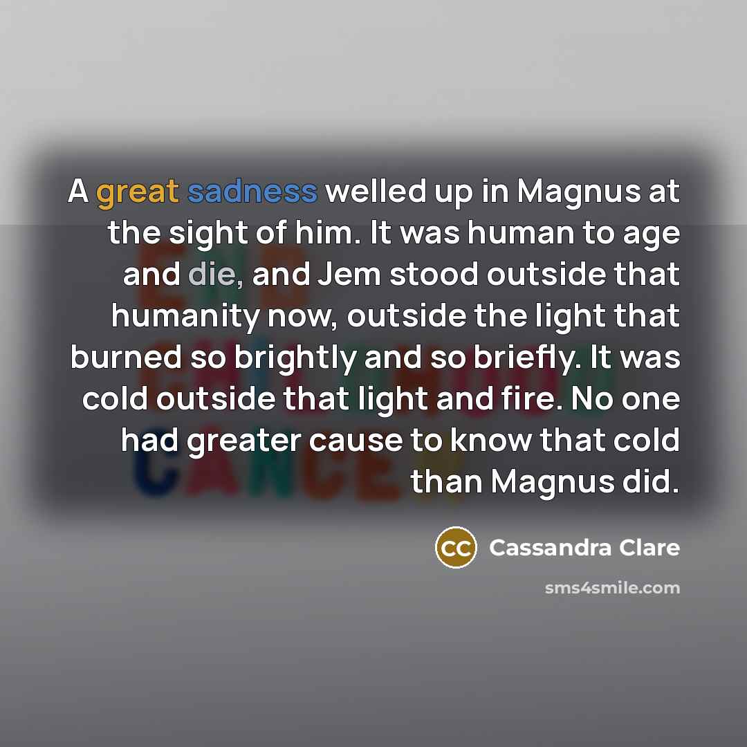 “A great sadness welled up in Magnus at the sight of him. It was human to age and die, and Jem stood outside that humanity now, outside the light that burned so brightly and so briefly. It was cold outside that light and fire. No one had greater cause to know that cold than Magnus did.” quote by Cassandra Clare
