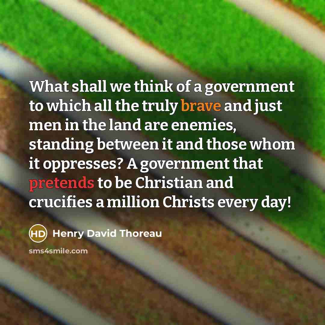 “What shall we think of a government to which all the truly brave and just men in the land are enemies, standing between it and those whom it oppresses? A government that pretends to be Christian and crucifies a million Christs every day!” quote by Henry David Thoreau