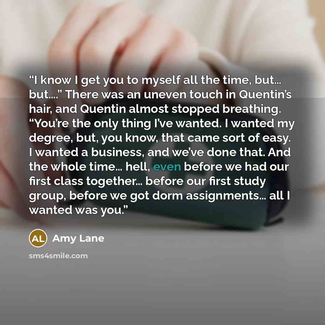 “I know I get you to myself all the time, but… but….” There was an uneven touch in Quentin’s hair, and Quentin almost stopped breathing. “You’re the only thing I’ve wanted. I wanted my degree, but, you know, that came sort of easy. I wanted a business, and we’ve done that. And the whole time… hell…” quote by Amy Lane