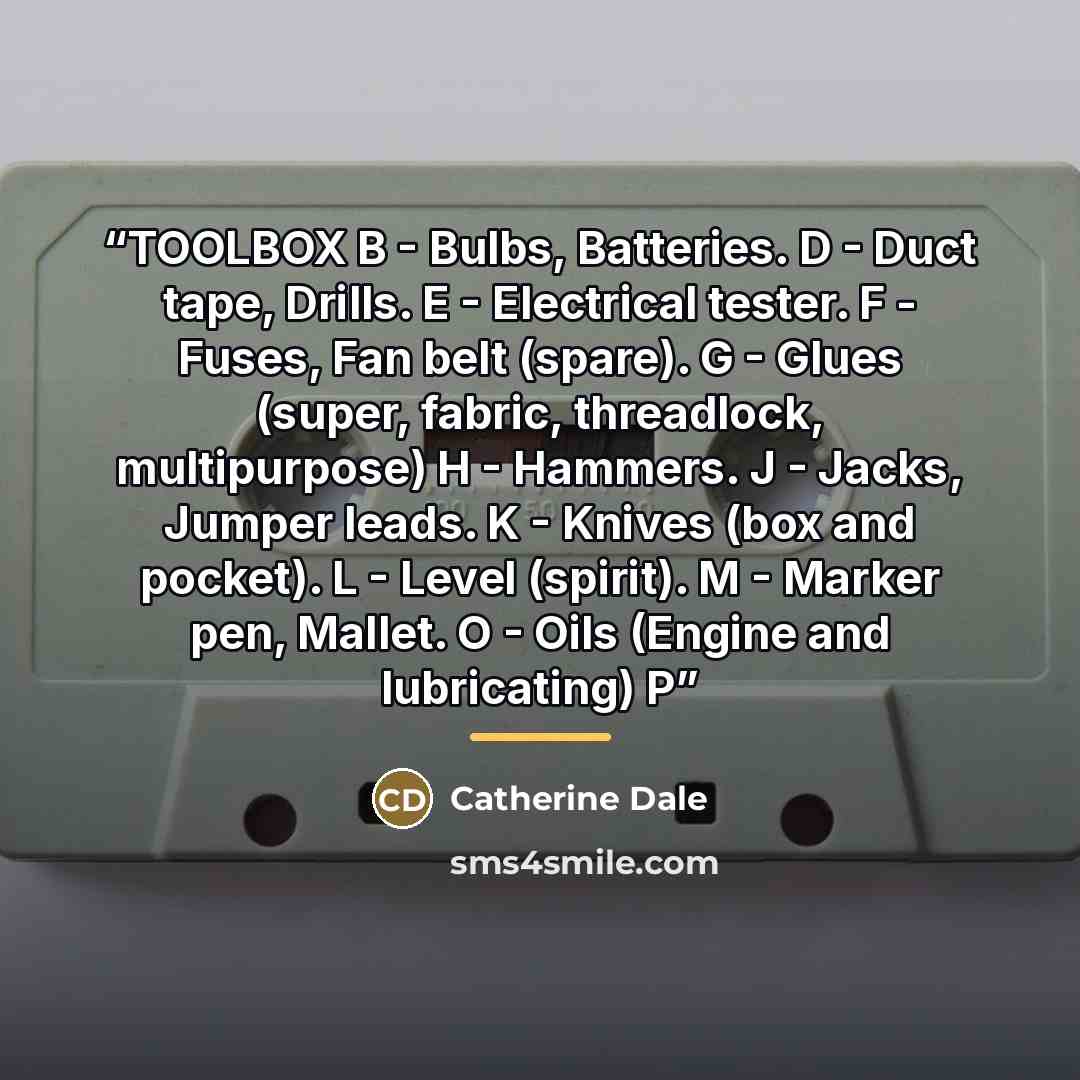 “TOOLBOX B - Bulbs, Batteries. D - Duct tape, Drills. E - Electrical tester. F - Fuses, Fan belt (spare). G - Glues (super, fabric, threadlock, multipurpose) H - Hammers. J - Jacks, Jumper leads. K - Knives (box and pocket). L - Level (spirit). M - Marker pen, Mallet. O - Oils (Engine and…” quote by Catherine Dale