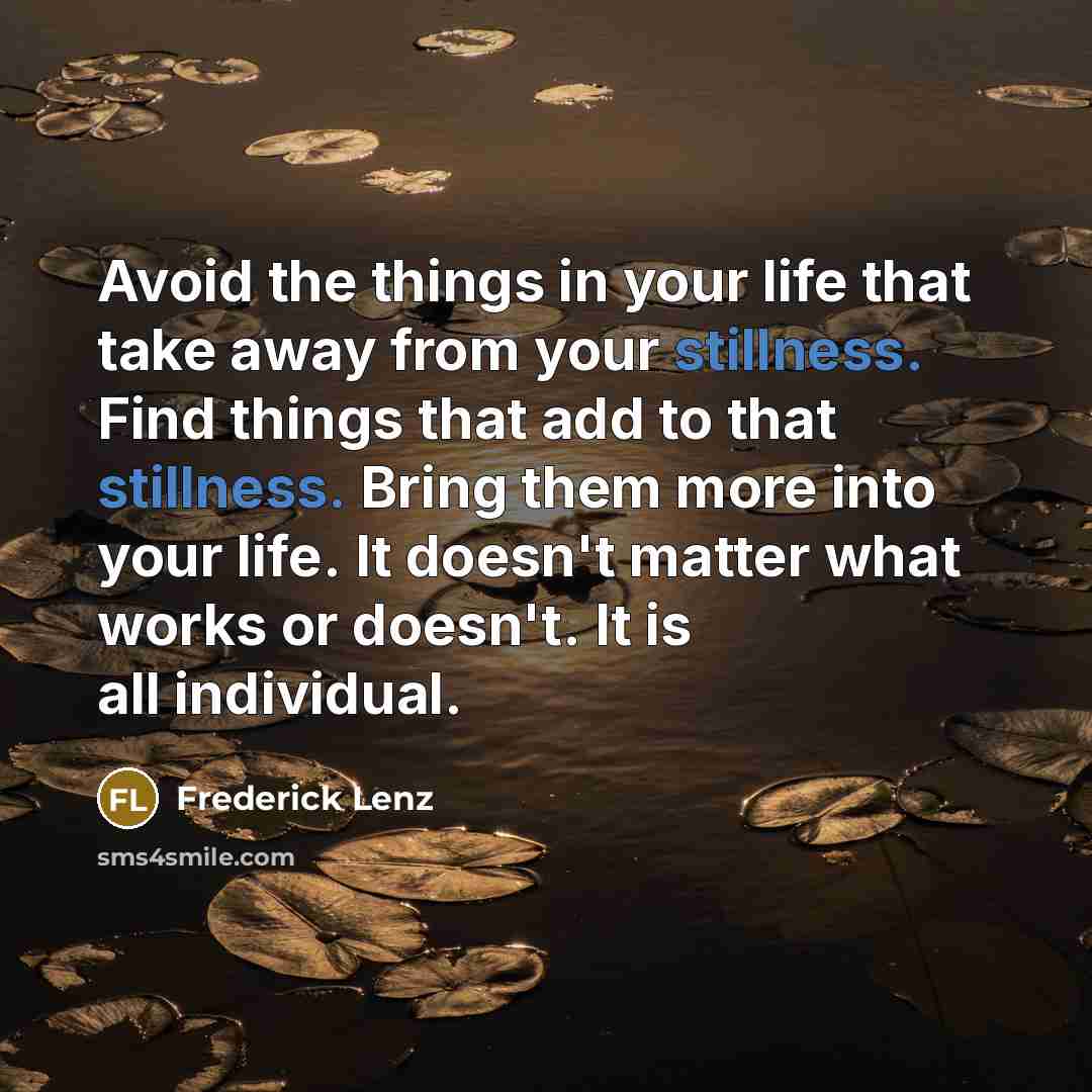 “Avoid the things in your life that take away from your stillness. Find things that add to that stillness. Bring them more into your life. It doesn't matter what works or doesn't. It is all individual.” quote by Frederick Lenz