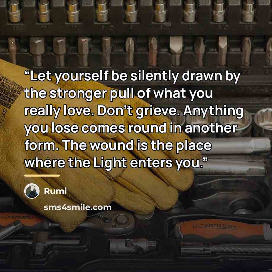 “Let yourself be silently drawn by the stronger pull of what you really love. Don’t grieve. Anything you lose comes round in another form. The wound is the place where the Light enters you.” quote by Rumi