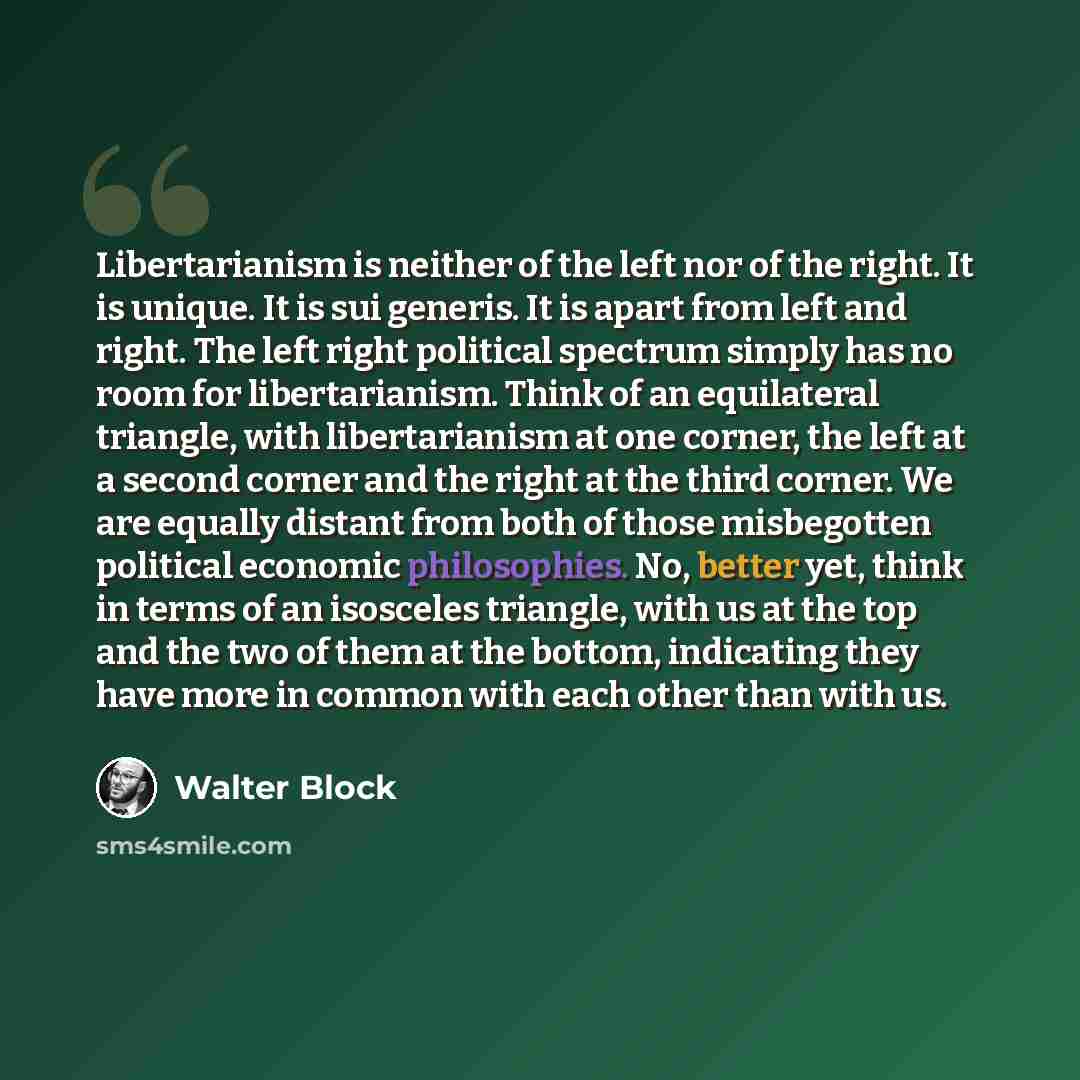 “Libertarianism is neither of the left nor of the right. It is unique. It is sui generis. It is apart from left and right. The left right political spectrum simply has no room for libertarianism. Think of an equilateral triangle, with libertarianism at one corner, the left at a second corner and…” quote by Walter Block