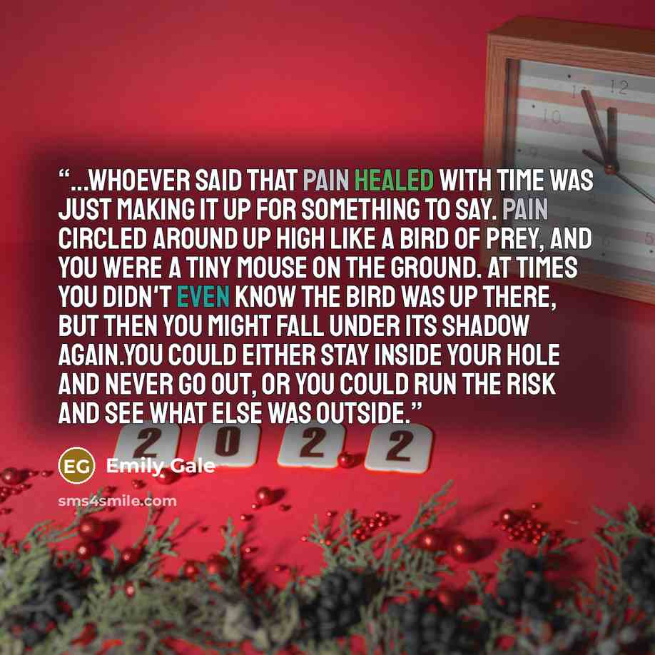 “...Whoever said that pain healed with time was just making it up for something to say. Pain circled around up high like a bird of prey, and you were a tiny mouse on the ground. At times you didn't even know the bird was up there, but then you might fall under its shadow again.You could either stay…” quote by Emily Gale