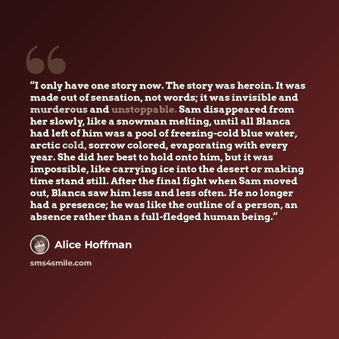 “I only have one story now. The story was heroin. It was made out of sensation, not words; it was invisible and murderous and unstoppable. Sam disappeared from her slowly, like a snowman melting, until all Blanca had left of him was a pool of freezing-cold blue water, arctic cold, sorrow colored…” quote by Alice Hoffman