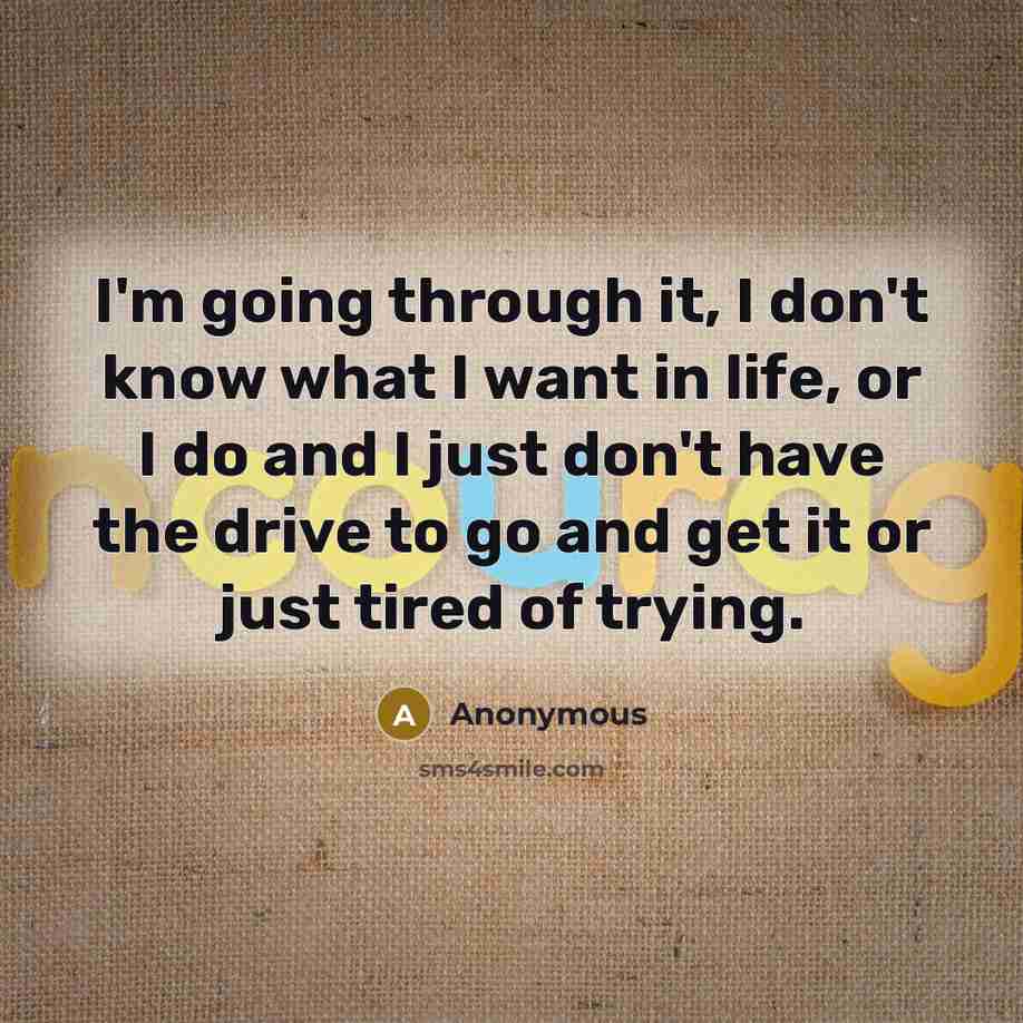 “I'm going through it, I don't know what I want in life, or I do and I just don't have the drive to go and get it or just tired of trying.” quote by Anonymous