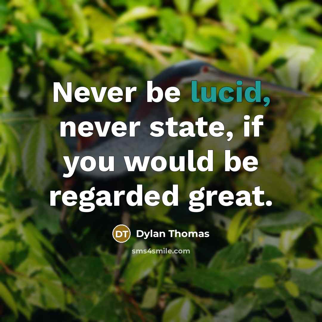 “Never be lucid, never state, if you would be regarded great.” quote by Dylan Thomas
