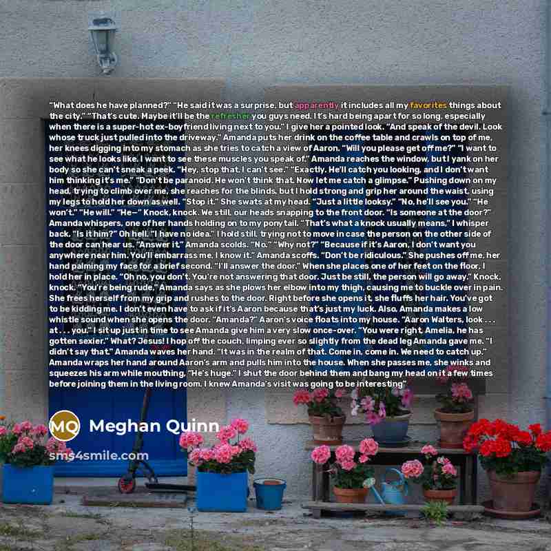 “What does he have planned?” “He said it was a surprise, but apparently it includes all my favorites things about the city.” “That’s cute. Maybe it’ll be the refresher you guys need. It’s hard being apart for so long, especially when there is a super-hot ex-boyfriend living next to you.” I give her…” quote by Meghan Quinn