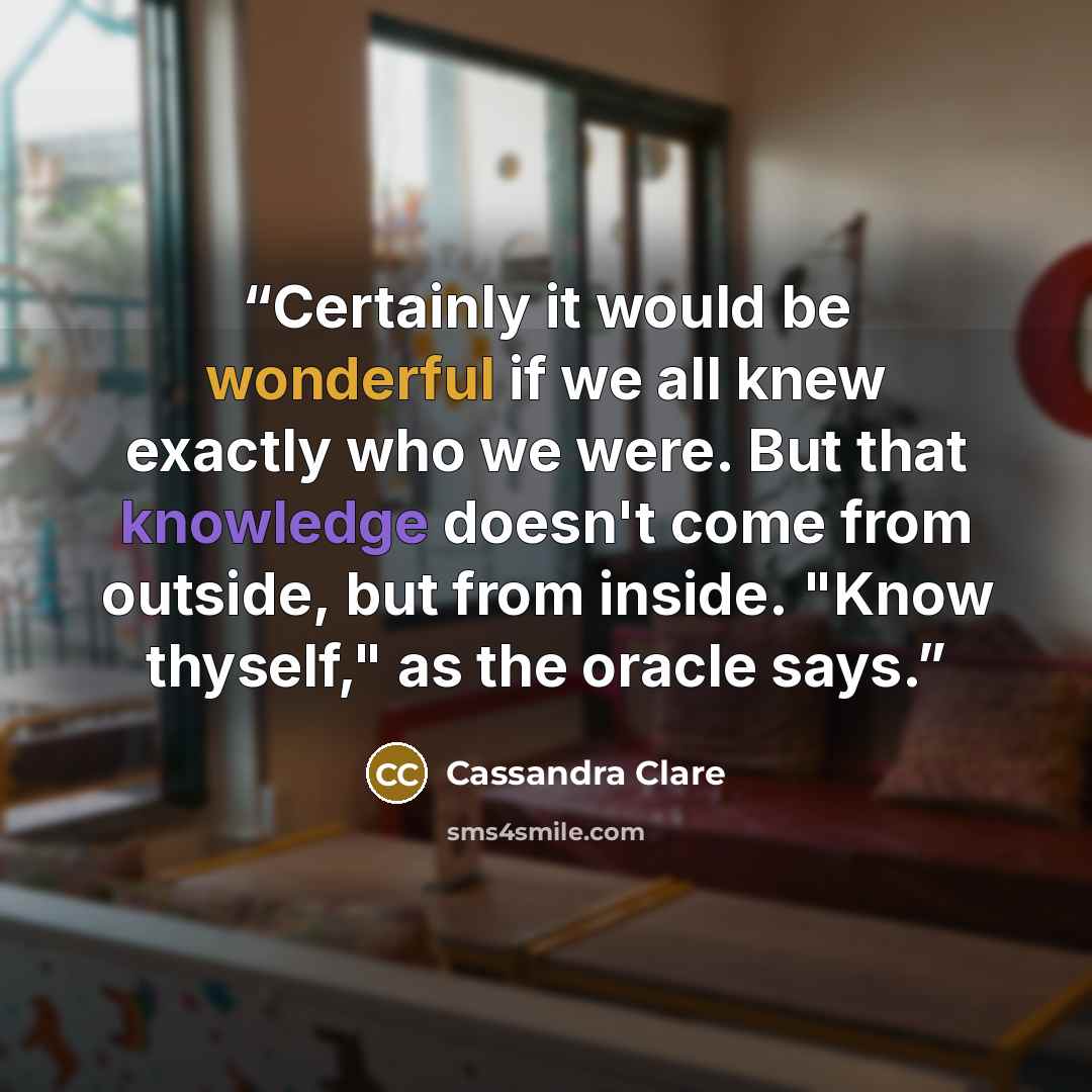 “Certainly it would be wonderful if we all knew exactly who we were. But that knowledge doesn't come from outside, but from inside. "Know thyself," as the oracle says.” quote by Cassandra Clare