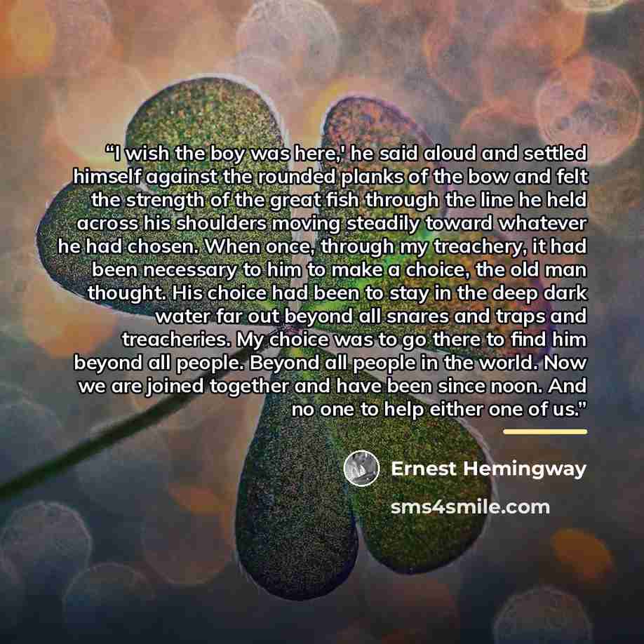 “I wish the boy was here,' he said aloud and settled himself against the rounded planks of the bow and felt the strength of the great fish through the line he held across his shoulders moving steadily toward whatever he had chosen. When once, through my treachery, it had been necessary to him to…” quote by Ernest Hemingway