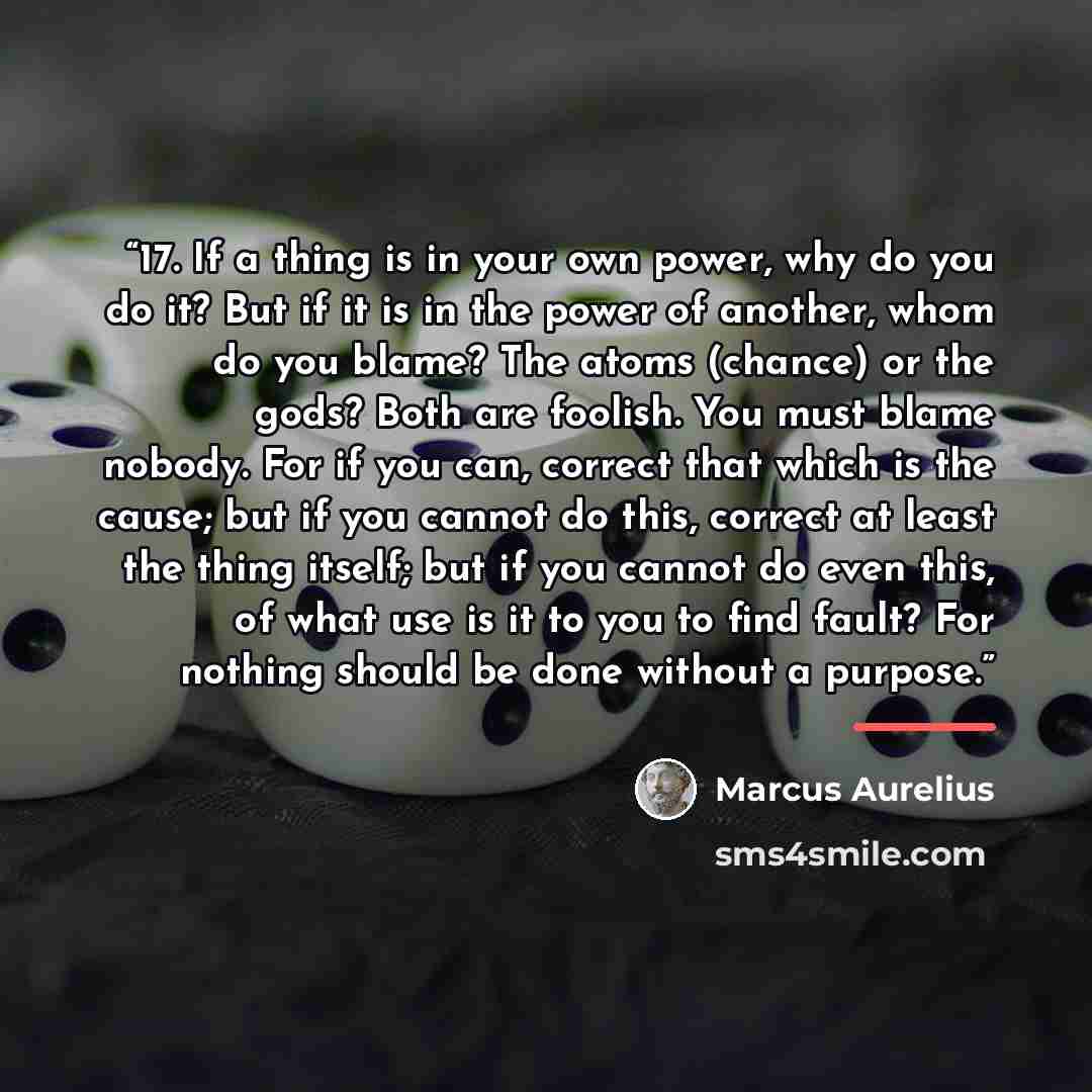“17. If a thing is in your own power, why do you do it? But if it is in the power of another, whom do you blame? The atoms (chance) or the gods? Both are foolish. You must blame nobody. For if you can, correct that which is the cause; but if you cannot do this, correct at least the thing itself…” quote by Marcus Aurelius