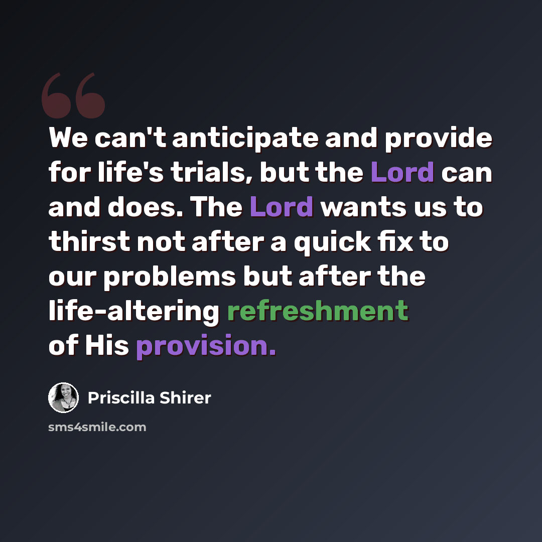 “We can't anticipate and provide for life's trials, but the Lord can and does. The Lord wants us to thirst not after a quick fix to our problems but after the life-altering refreshment of His provision.” quote by Priscilla Shirer