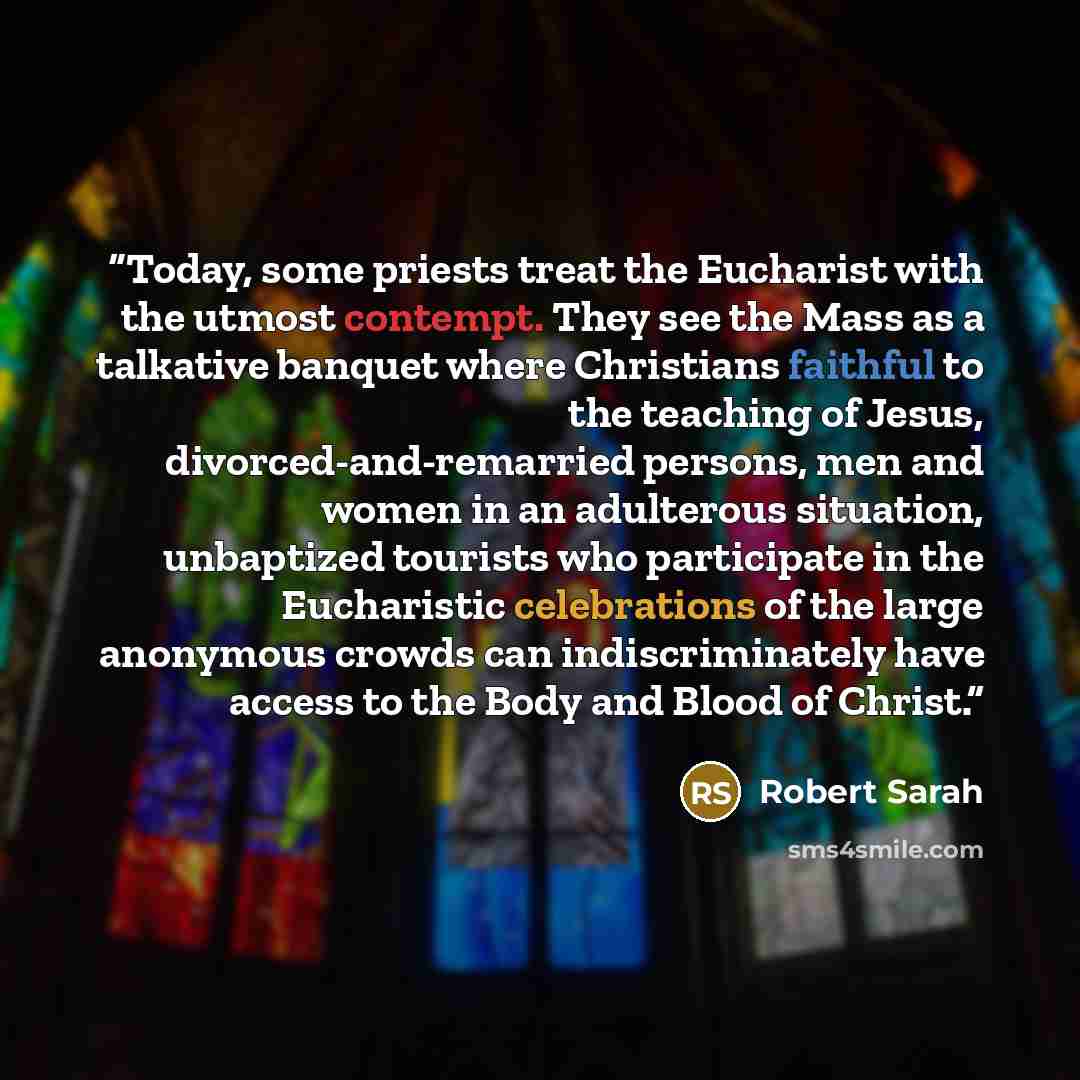 “Today, some priests treat the Eucharist with the utmost contempt. They see the Mass as a talkative banquet where Christians faithful to the teaching of Jesus, divorced-and-remarried persons, men and women in an adulterous situation, unbaptized tourists who participate in the Eucharistic…” quote by Robert Sarah