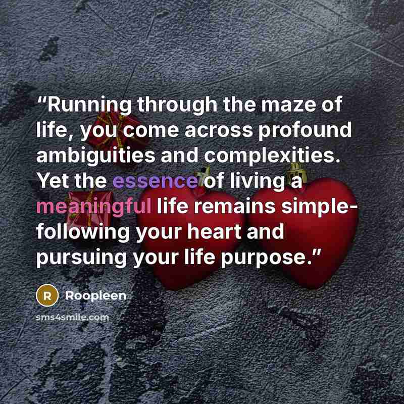 “Running through the maze of life, you come across profound ambiguities and complexities. Yet the essence of living a meaningful life remains simple- following your heart and pursuing your life purpose.” quote by Roopleen