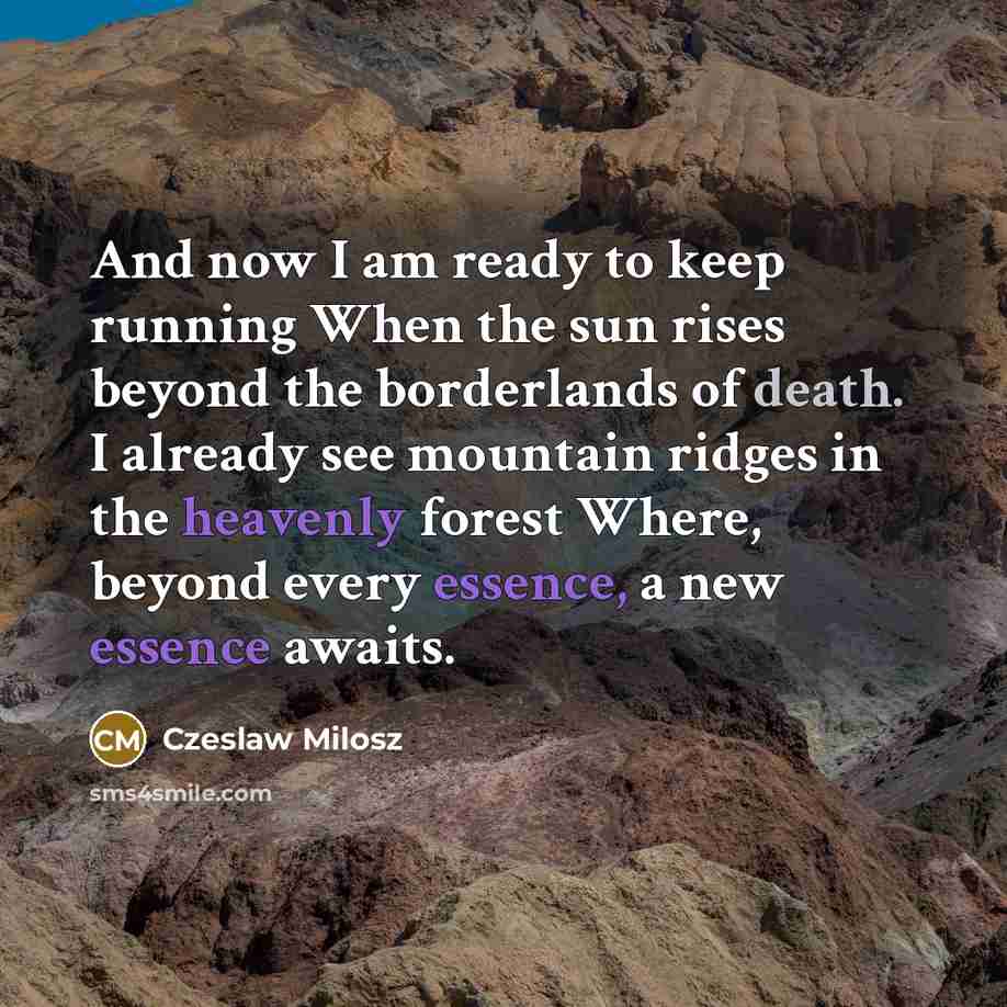 “And now I am ready to keep running When the sun rises beyond the borderlands of death. I already see mountain ridges in the heavenly forest Where, beyond every essence, a new essence awaits.” quote by Czeslaw Milosz