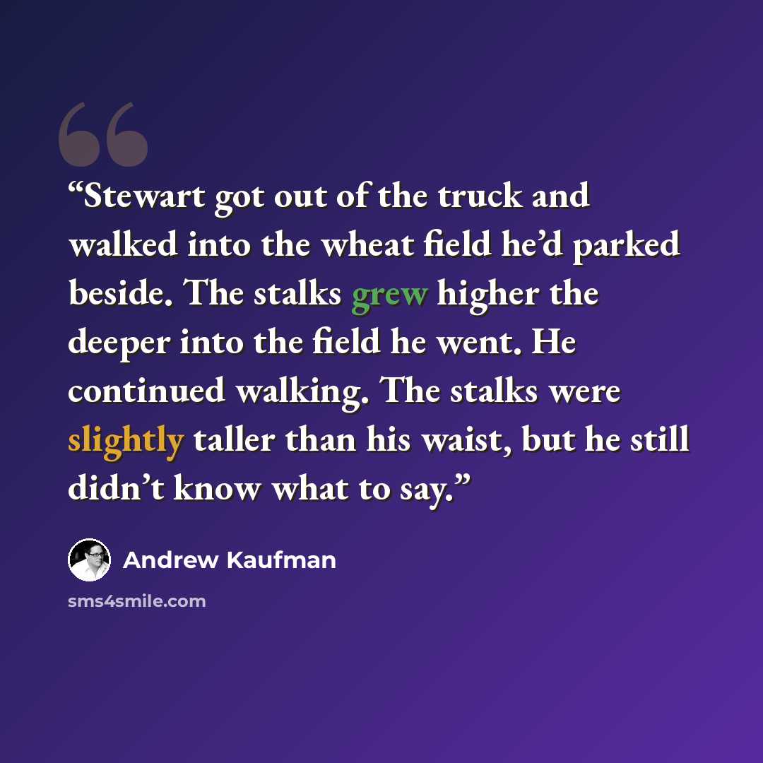 “Stewart got out of the truck and walked into the wheat field he’d parked beside. The stalks grew higher the deeper into the field he went. He continued walking. The stalks were slightly taller than his waist, but he still didn’t know what to say.” quote by Andrew Kaufman
