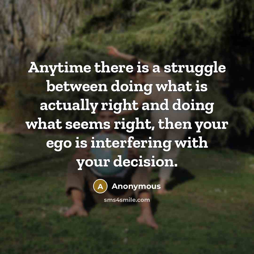 “Anytime there is a struggle between doing what is actually right and doing what seems right, then your ego is interfering with your decision.” quote by Anonymous