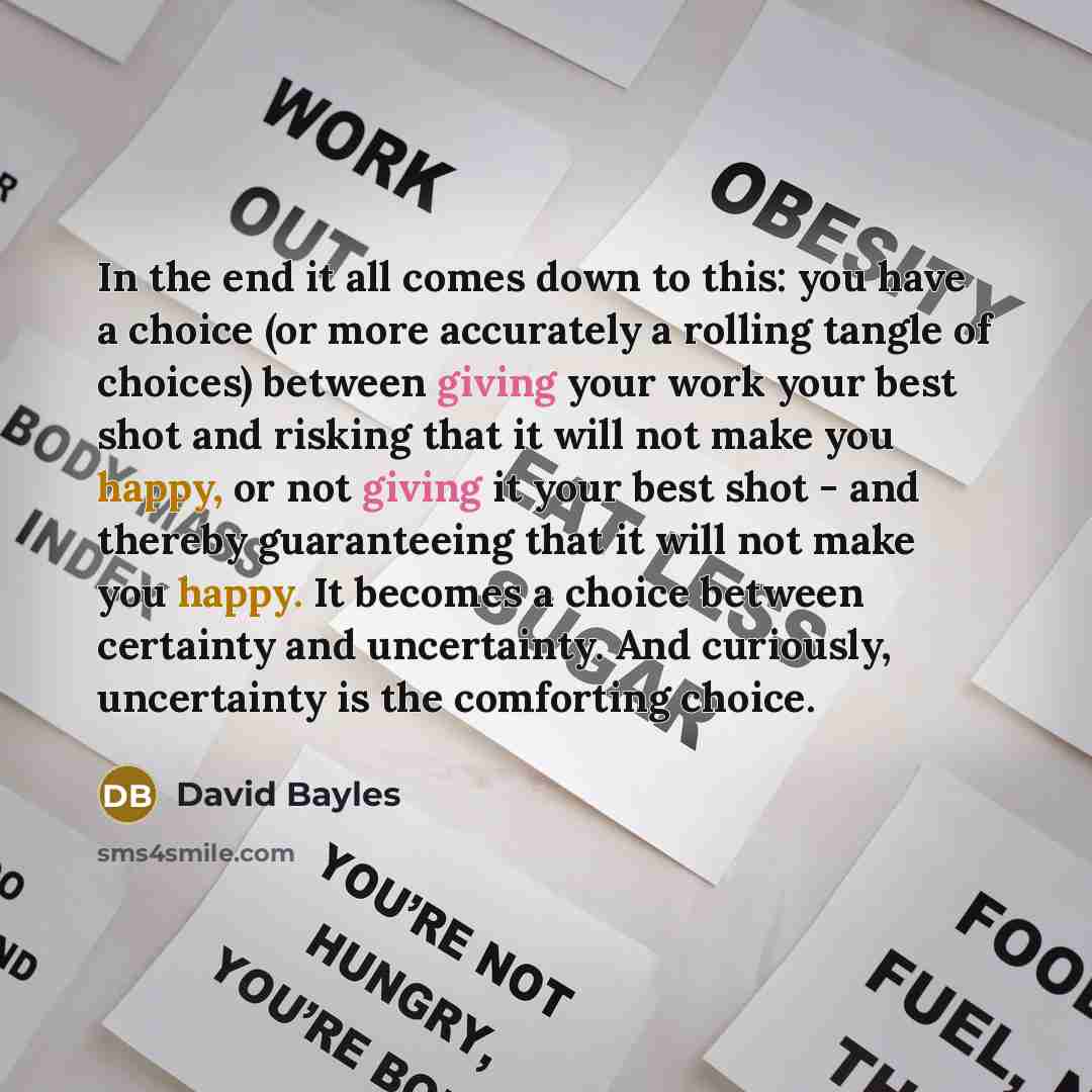 “In the end it all comes down to this: you have a choice (or more accurately a rolling tangle of choices) between giving your work your best shot and risking that it will not make you happy, or not giving it your best shot - and thereby guaranteeing that it will not make you happy. It becomes a…” quote by David Bayles