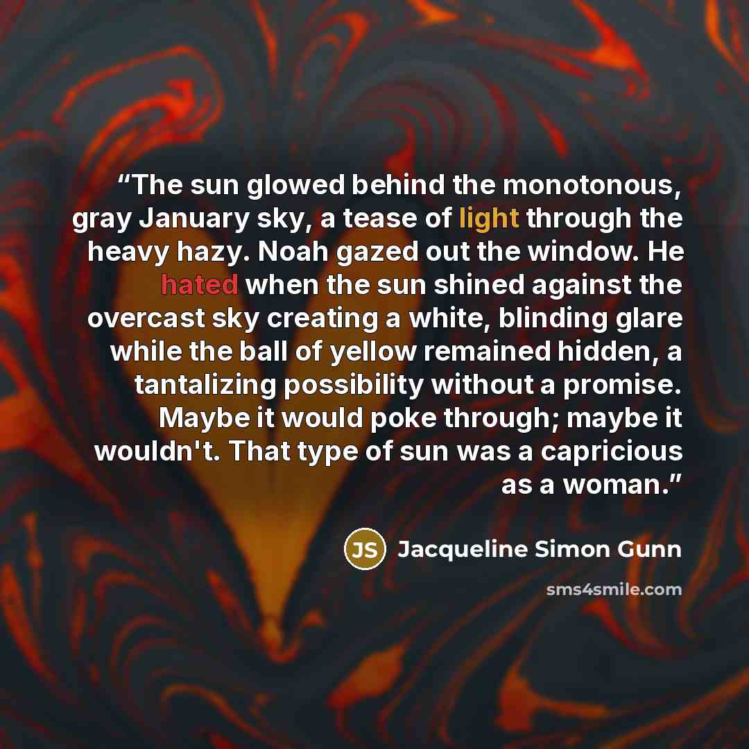 “The sun glowed behind the monotonous, gray January sky, a tease of light through the heavy hazy. Noah gazed out the window. He hated when the sun shined against the overcast sky creating a white, blinding glare while the ball of yellow remained hidden, a tantalizing possibility without a promise…” quote by Jacqueline Simon Gunn