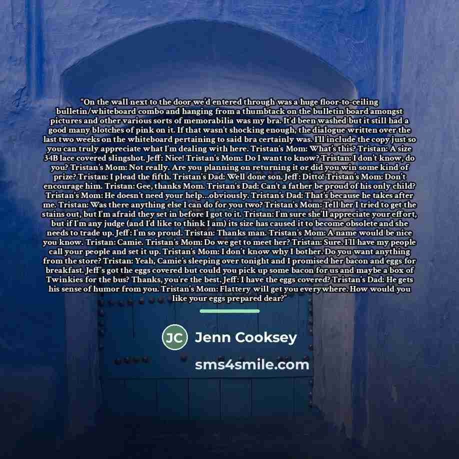 “On the wall next to the door we’d entered through was a huge floor-to-ceiling bulletin/whiteboard combo and hanging from a thumbtack on the bulletin board amongst pictures and other various sorts of memorabilia was my bra. It’d been washed but it still had a good many blotches of pink on it. If…” quote by Jenn Cooksey