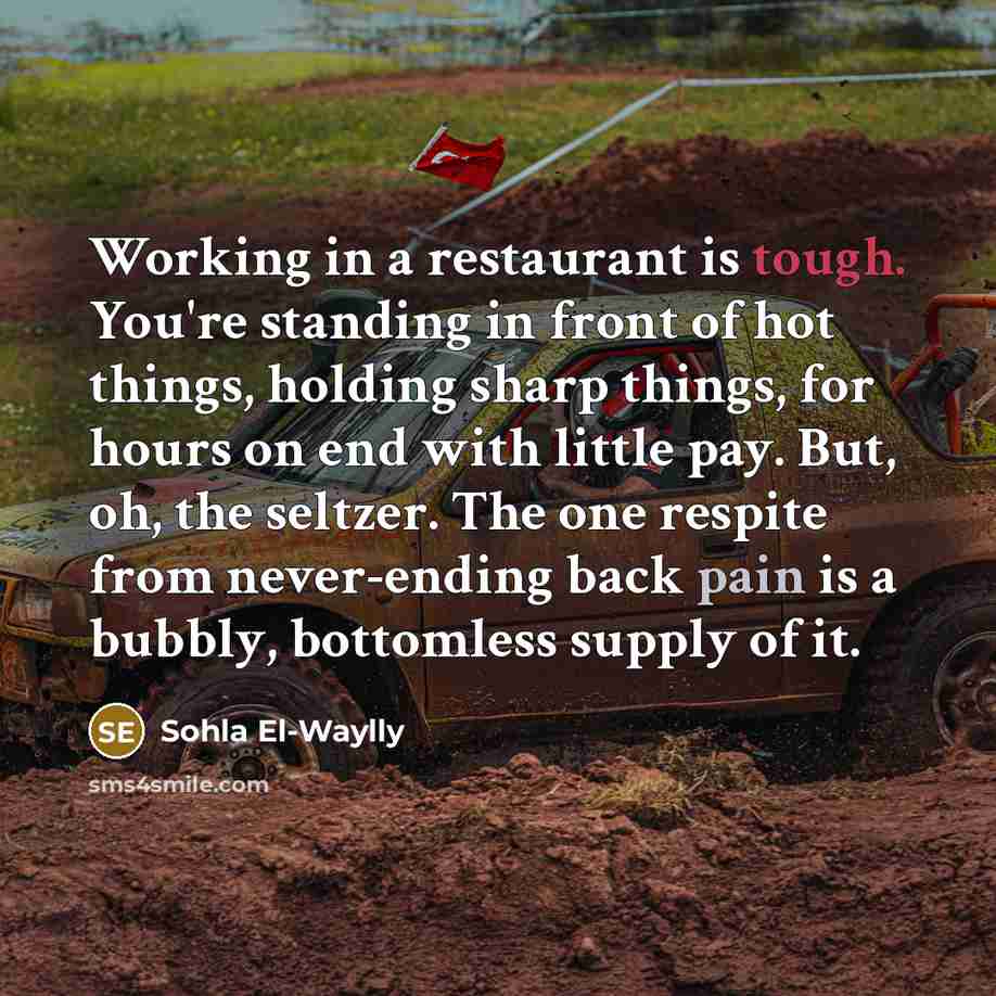 “Working in a restaurant is tough. You're standing in front of hot things, holding sharp things, for hours on end with little pay. But, oh, the seltzer. The one respite from never-ending back pain is a bubbly, bottomless supply of it.” quote by Sohla El-Waylly