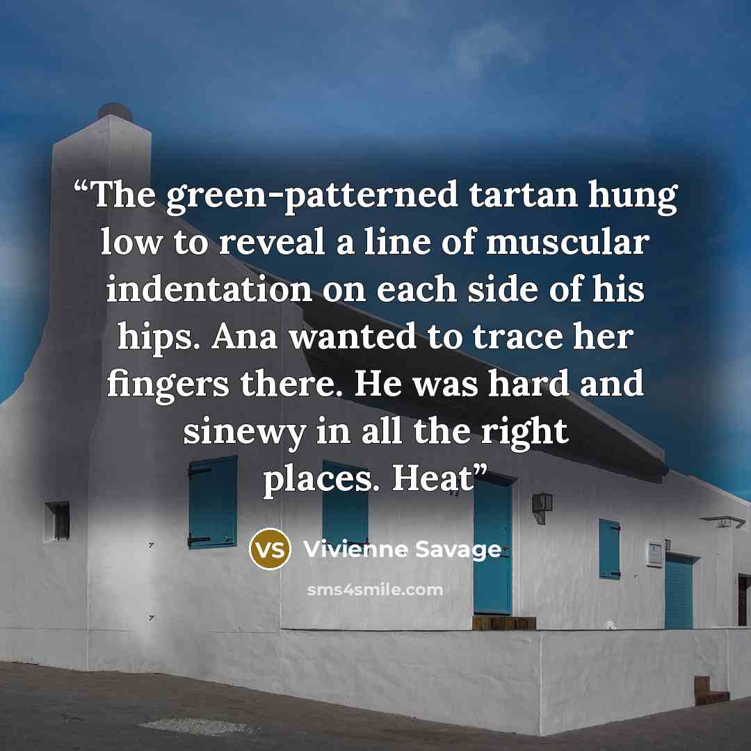 “The green-patterned tartan hung low to reveal a line of muscular indentation on each side of his hips. Ana wanted to trace her fingers there. He was hard and sinewy in all the right places. Heat” quote by Vivienne Savage