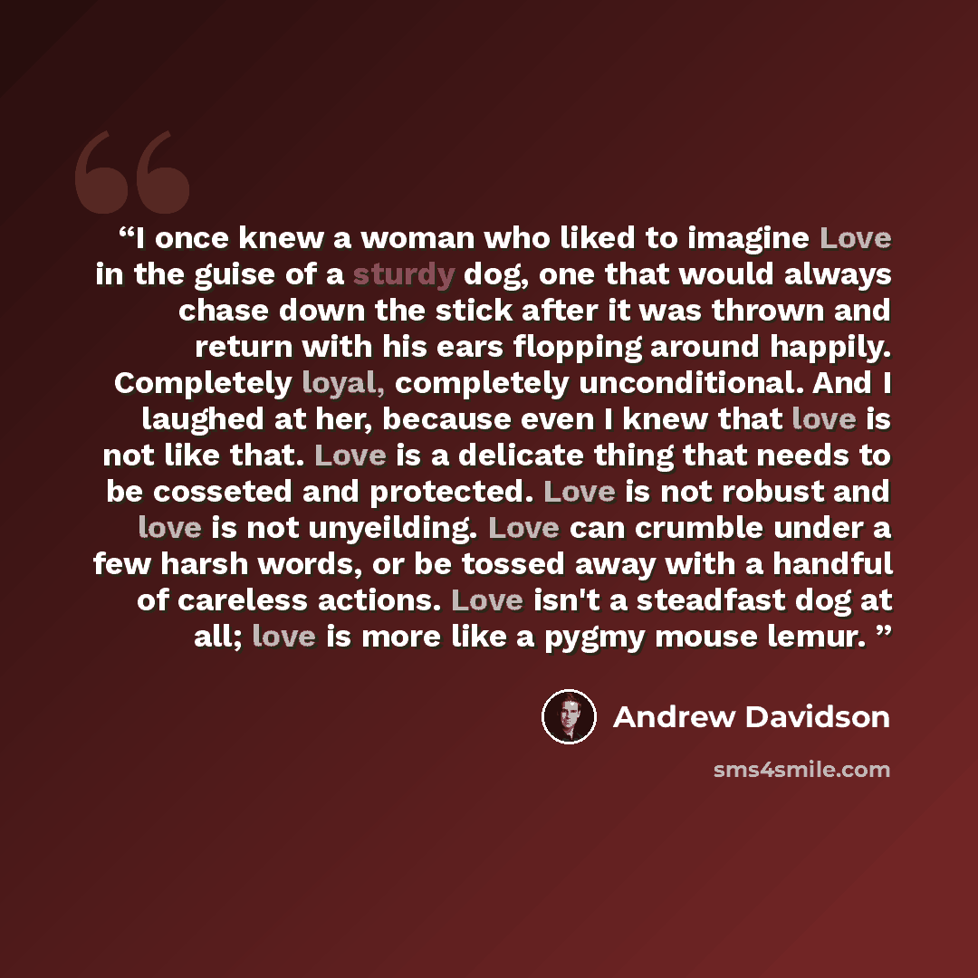 “I once knew a woman who liked to imagine Love in the guise of a sturdy dog, one that would always chase down the stick after it was thrown and return with his ears flopping around happily. Completely loyal, completely unconditional. And I laughed at her, because even I knew that love is not like…” quote by Andrew Davidson