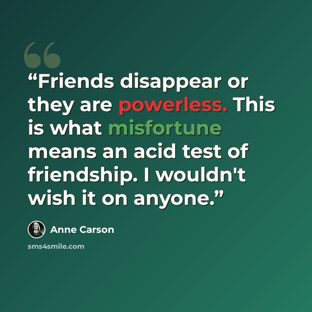 “Friends disappear or they are powerless. This is what misfortune means an acid test of friendship. I wouldn't wish it on anyone.” quote by Anne Carson