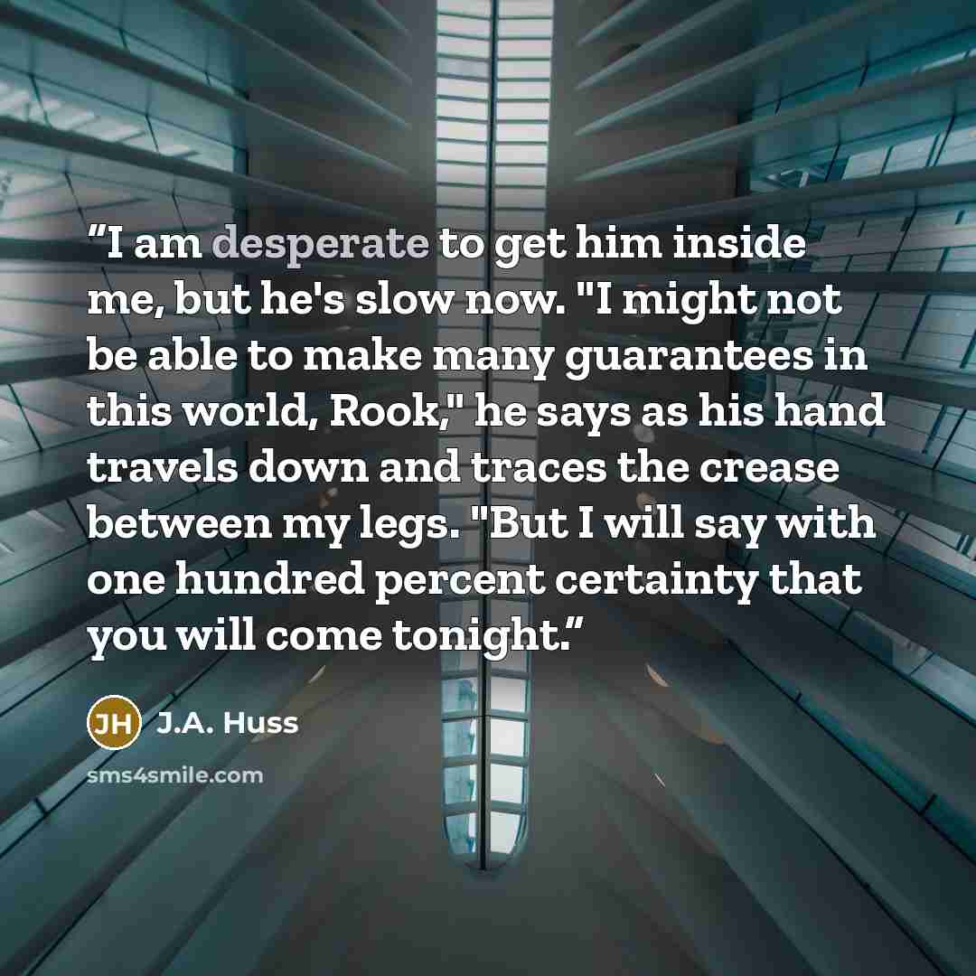 “I am desperate to get him inside me, but he's slow now. "I might not be able to make many guarantees in this world, Rook," he says as his hand travels down and traces the crease between my legs. "But I will say with one hundred percent certainty that you will come tonight.” quote by J.A. Huss