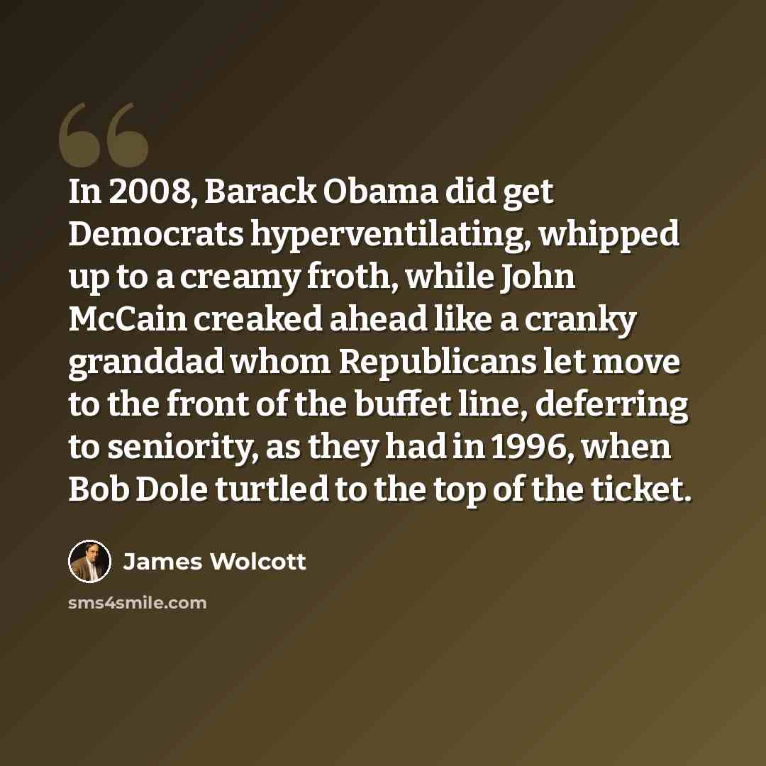 “In 2008, Barack Obama did get Democrats hyperventilating, whipped up to a creamy froth, while John McCain creaked ahead like a cranky granddad whom Republicans let move to the front of the buffet line, deferring to seniority, as they had in 1996, when Bob Dole turtled to the top of the ticket.” quote by James Wolcott