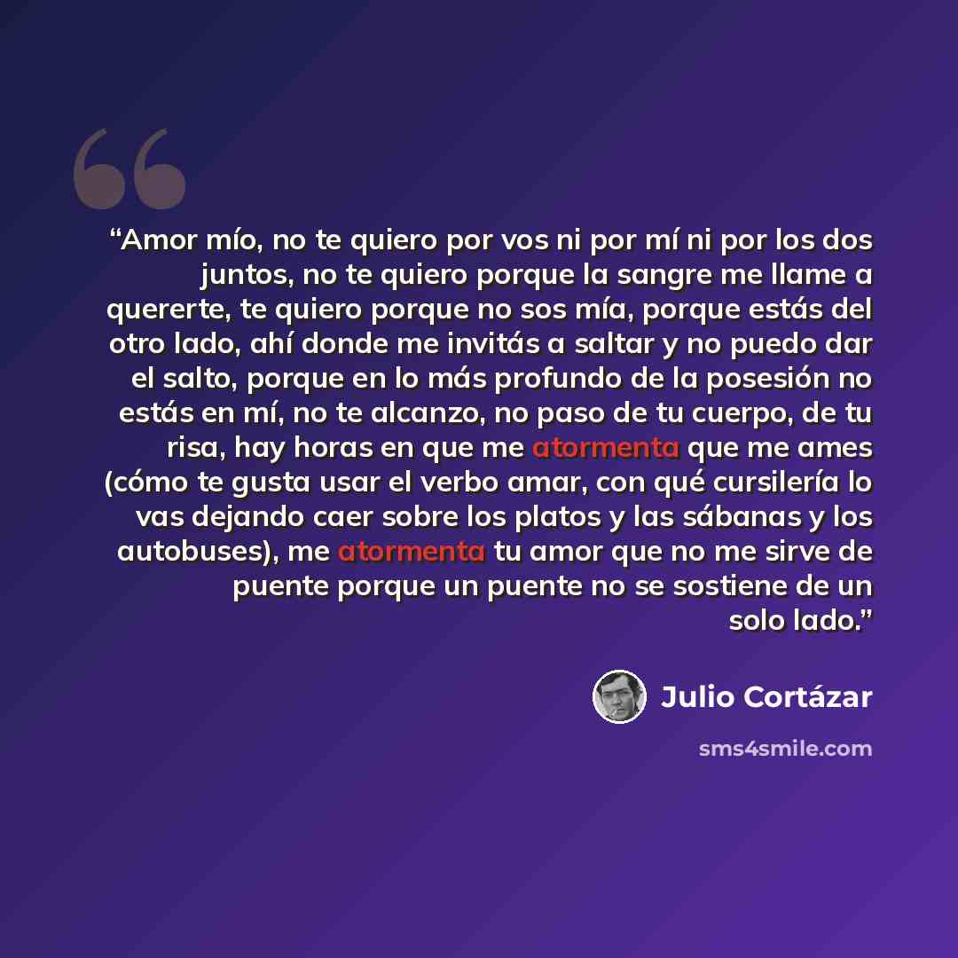 “Amor mío, no te quiero por vos ni por mí ni por los dos juntos, no te quiero porque la sangre me llame a quererte, te quiero porque no sos mía, porque estás del otro lado, ahí donde me invitás a saltar y no puedo dar el salto, porque en lo más profundo de la posesión no estás en mí, no te alcanzo…” quote by Julio Cortázar