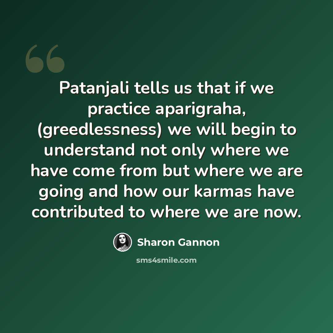 “Patanjali tells us that if we practice aparigraha, (greedlessness) we will begin to understand not only where we have come from but where we are going and how our karmas have contributed to where we are now.” quote by Sharon Gannon