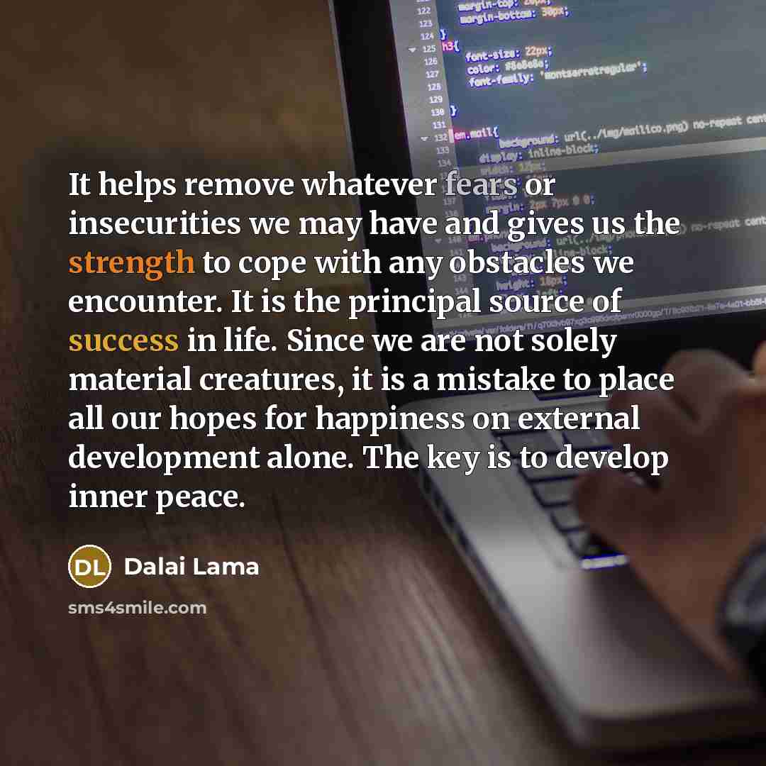 “It helps remove whatever fears or insecurities we may have and gives us the strength to cope with any obstacles we encounter. It is the principal source of success in life. Since we are not solely material creatures, it is a mistake to place all our hopes for happiness on external development…” quote by Dalai Lama