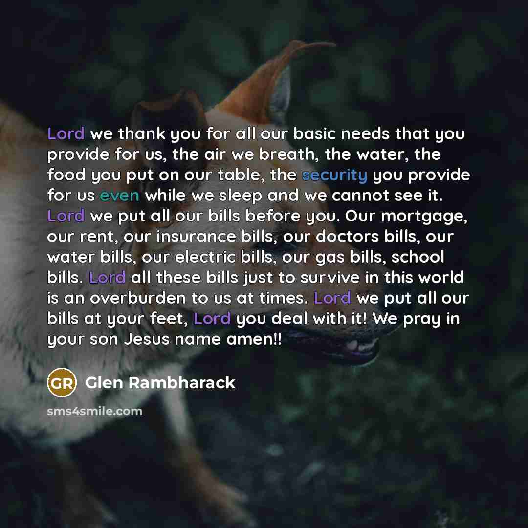 “Lord we thank you for all our basic needs that you provide for us, the air we breath, the water, the food you put on our table, the security you provide for us even while we sleep and we cannot see it. Lord we put all our bills before you. Our mortgage, our rent, our insurance bills, our doctors…” quote by Glen Rambharack