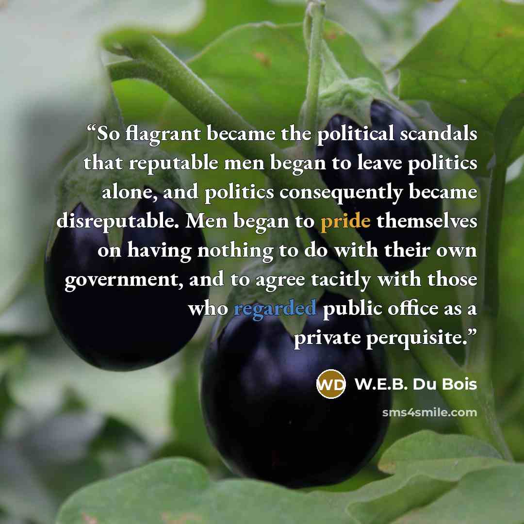 “So flagrant became the political scandals that reputable men began to leave politics alone, and politics consequently became disreputable. Men began to pride themselves on having nothing to do with their own government, and to agree tacitly with those who regarded public office as a private…” quote by W.E.B. Du Bois
