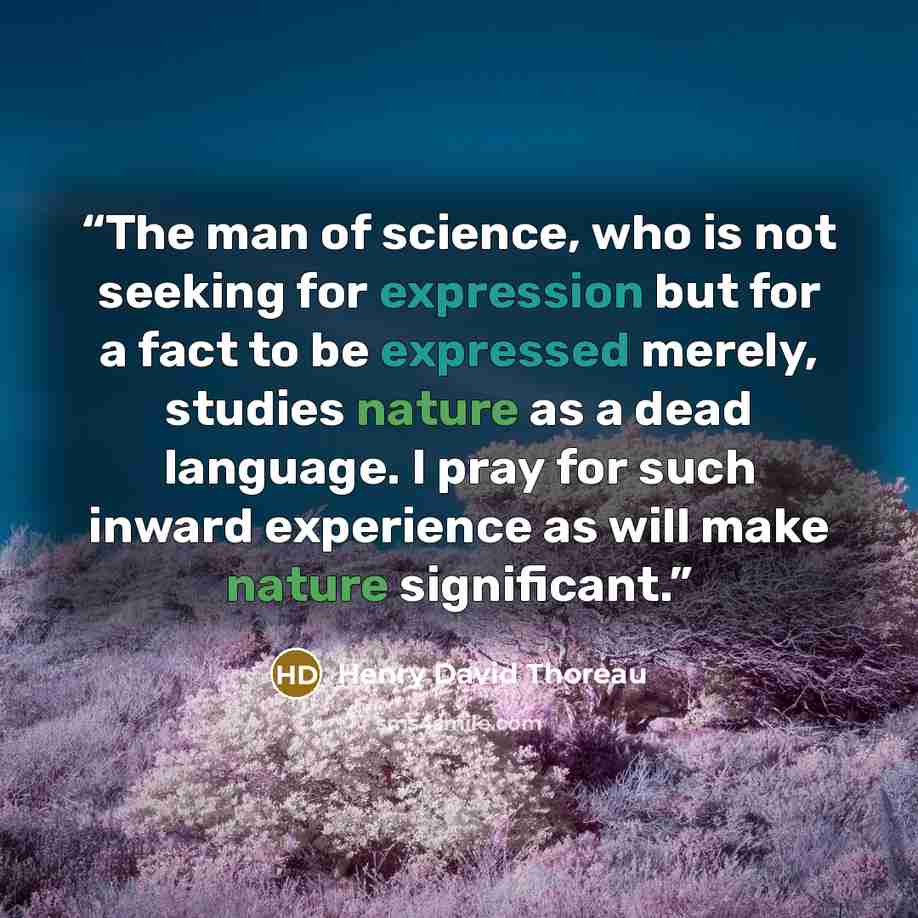 “The man of science, who is not seeking for expression but for a fact to be expressed merely, studies nature as a dead language. I pray for such inward experience as will make nature significant.” quote by Henry David Thoreau