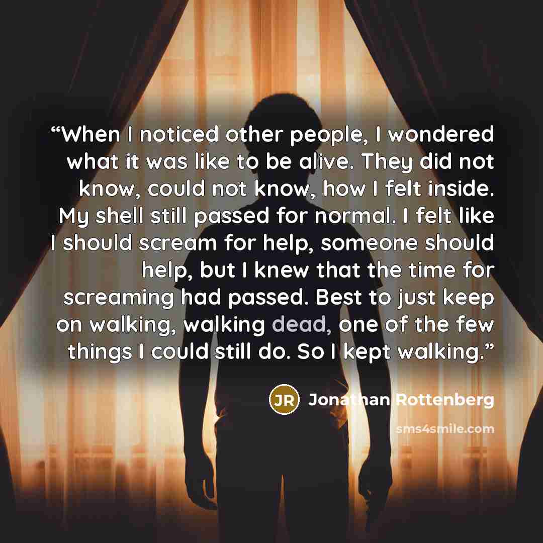 “When I noticed other people, I wondered what it was like to be alive. They did not know, could not know, how I felt inside. My shell still passed for normal. I felt like I should scream for help, someone should help, but I knew that the time for screaming had passed. Best to just keep on walking…” quote by Jonathan Rottenberg