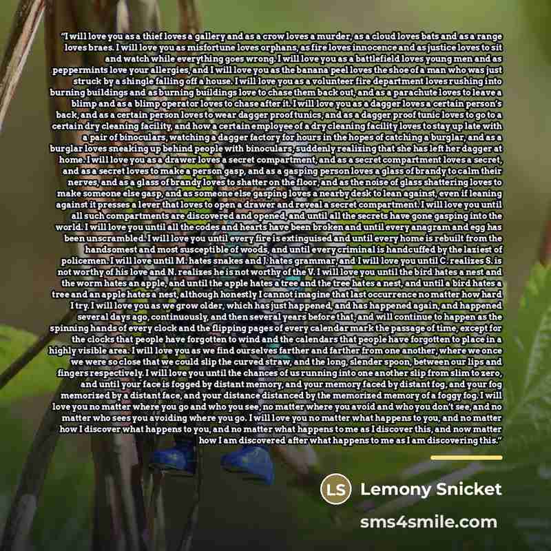 “I will love you as a thief loves a gallery and as a crow loves a murder, as a cloud loves bats and as a range loves braes. I will love you as misfortune loves orphans, as fire loves innocence and as justice loves to sit and watch while everything goes wrong. I will love you as a battlefield loves…” quote by Lemony Snicket