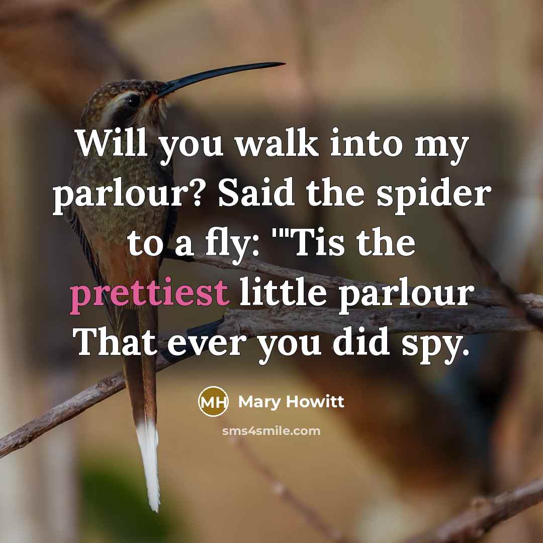 “Will you walk into my parlour? Said the spider to a fly: '"Tis the prettiest little parlour That ever you did spy.” quote by Mary Howitt