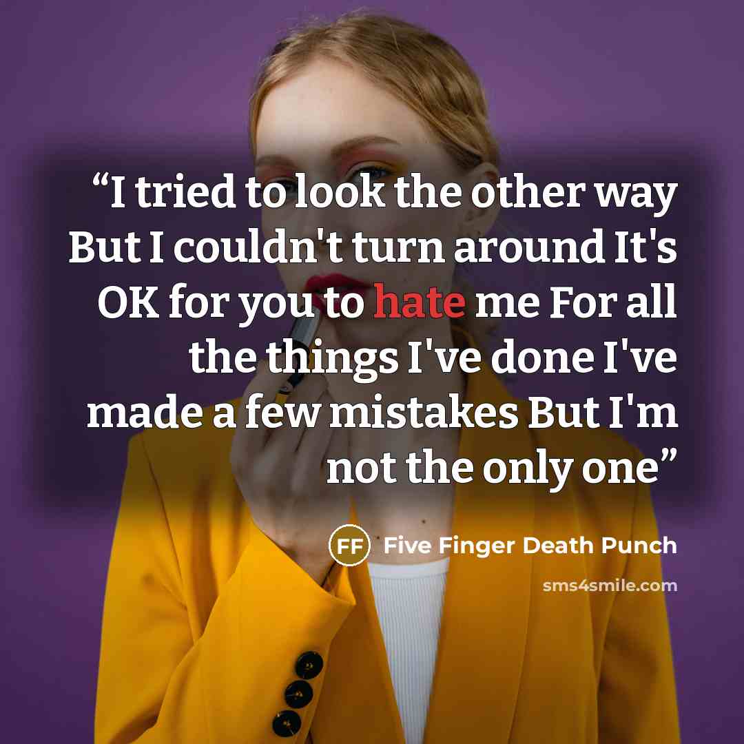 “I tried to look the other way But I couldn't turn around It's OK for you to hate me For all the things I've done I've made a few mistakes But I'm not the only one” quote by Five Finger Death Punch