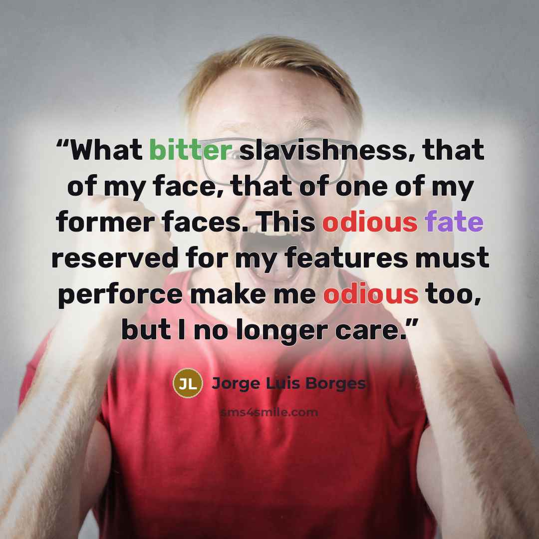 “What bitter slavishness, that of my face, that of one of my former faces. This odious fate reserved for my features must perforce make me odious too, but I no longer care.” quote by Jorge Luis Borges