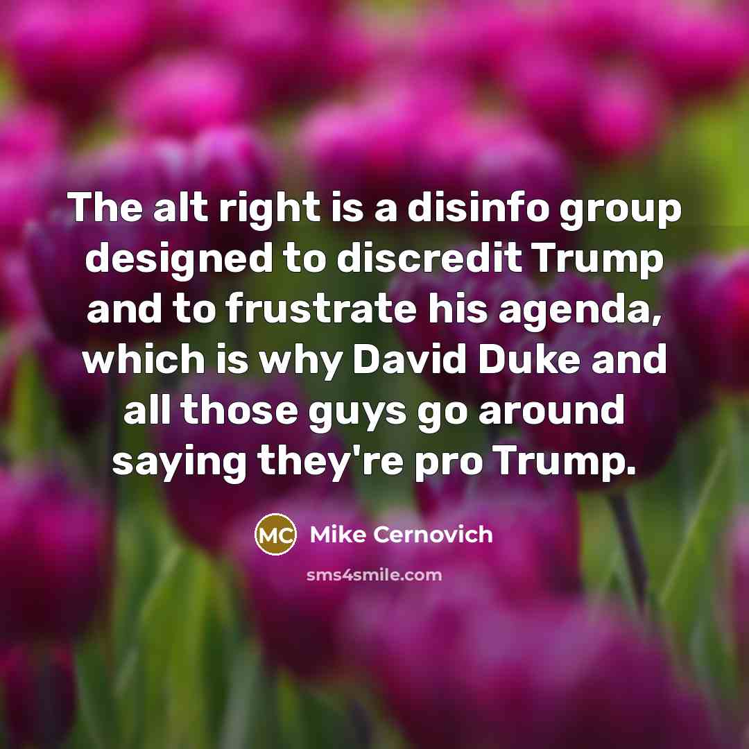 “The alt right is a disinfo group designed to discredit Trump and to frustrate his agenda, which is why David Duke and all those guys go around saying they're pro Trump.” quote by Mike Cernovich