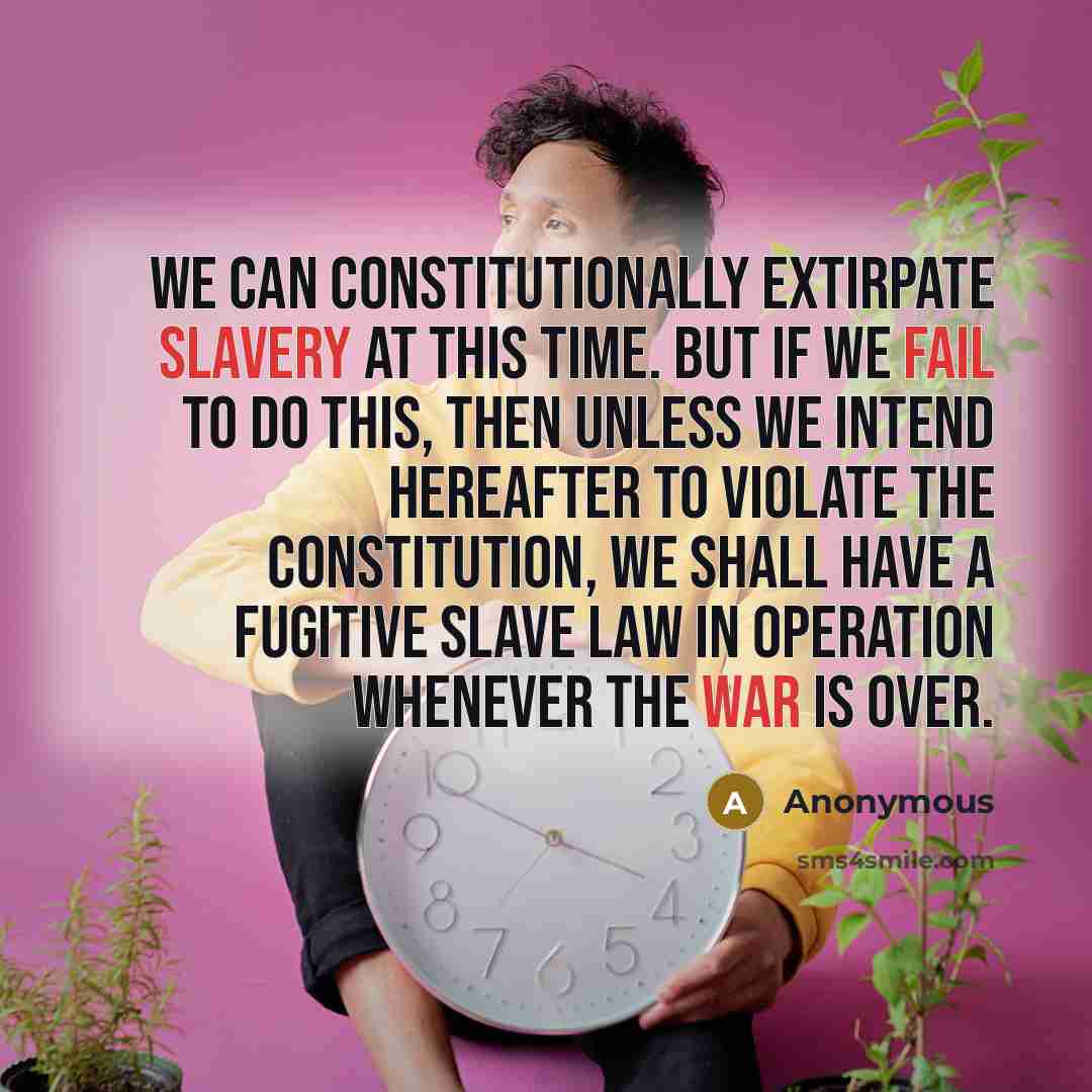 “We can constitutionally extirpate slavery at this time. But if we fail to do this, then unless we intend hereafter to violate the Constitution, we shall have a fugitive slave law in operation whenever the war is over.” quote by Anonymous