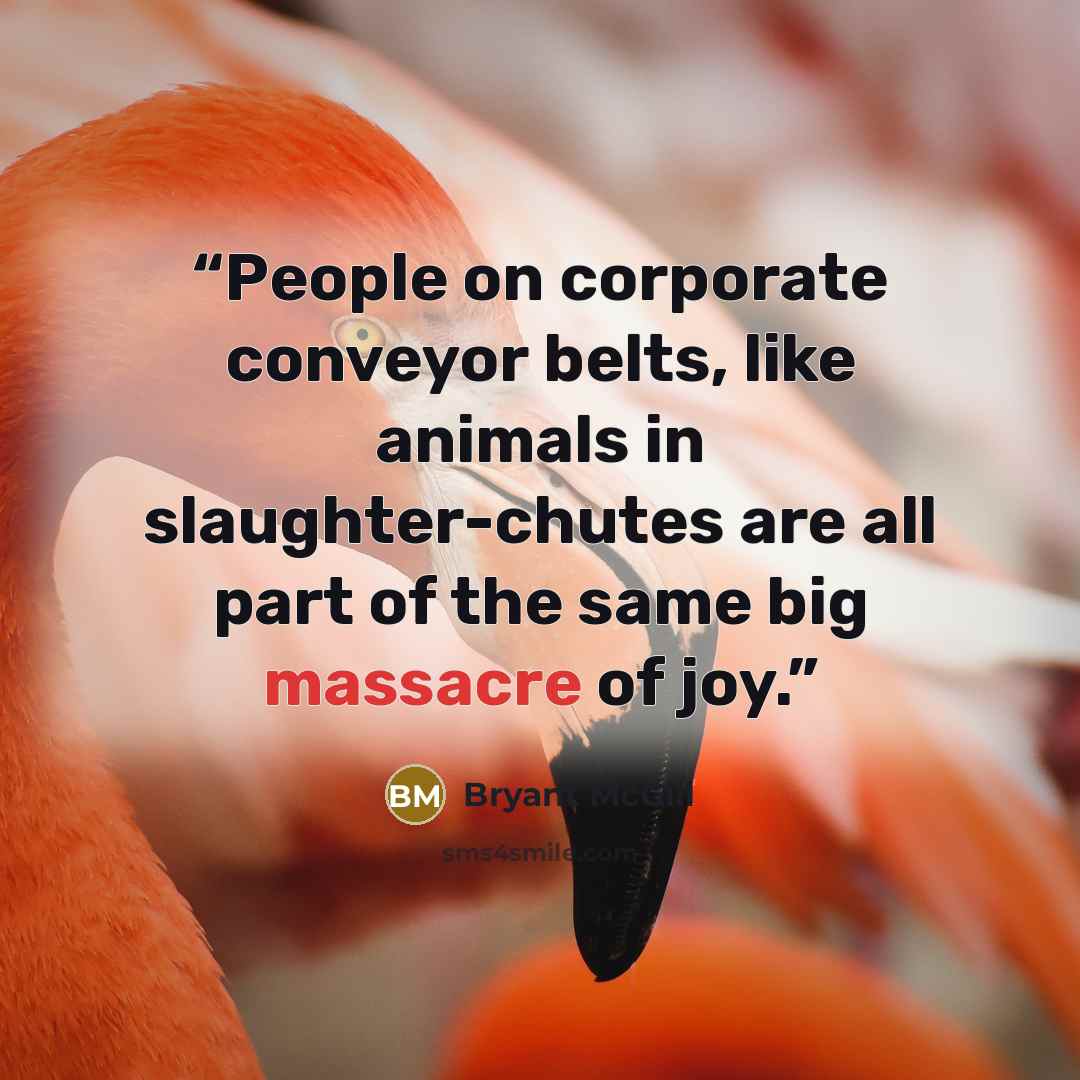 “People on corporate conveyor belts, like animals in slaughter-chutes are all part of the same big massacre of joy.” quote by Bryant McGill