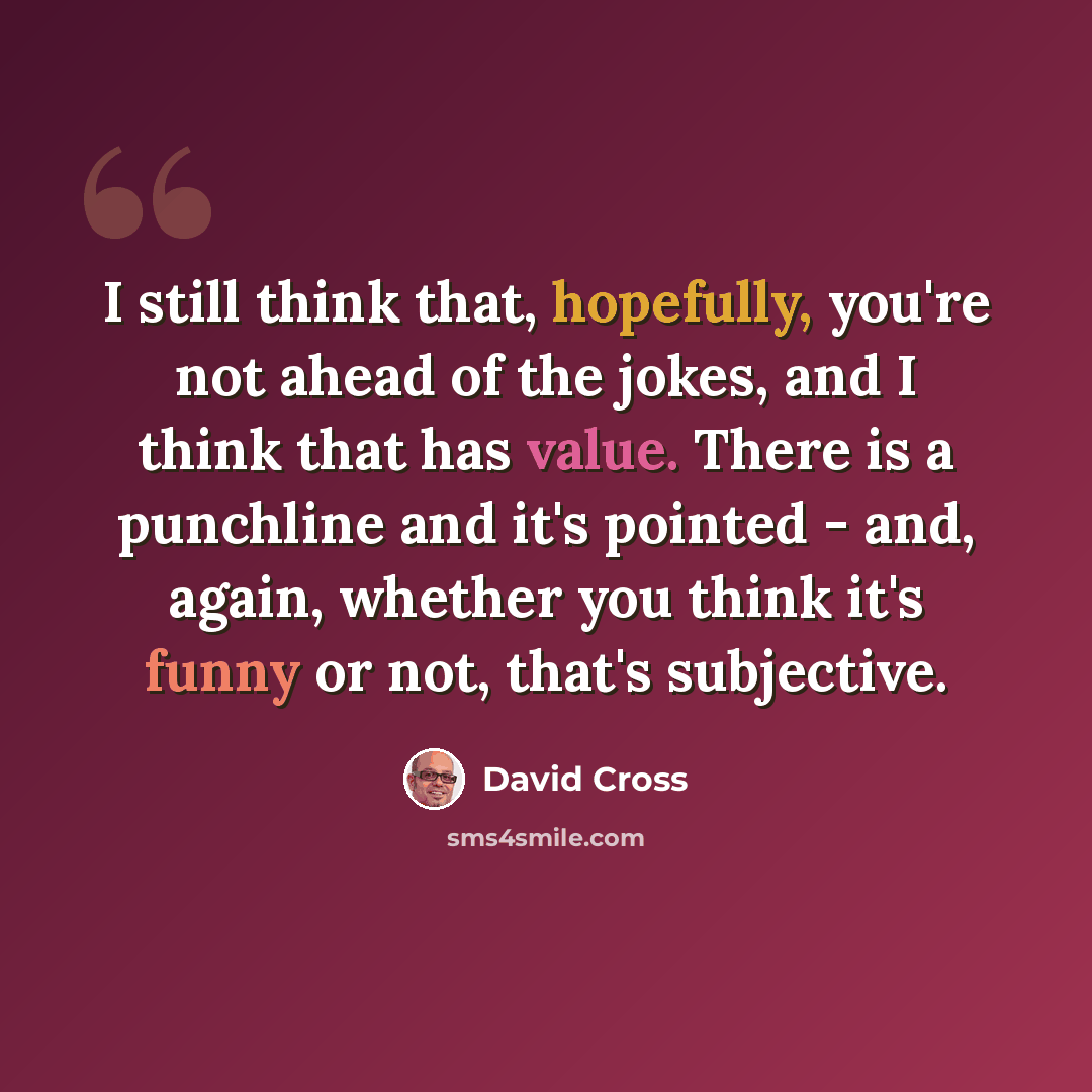 “I still think that, hopefully, you're not ahead of the jokes, and I think that has value. There is a punchline and it's pointed - and, again, whether you think it's funny or not, that's subjective.” quote by David Cross