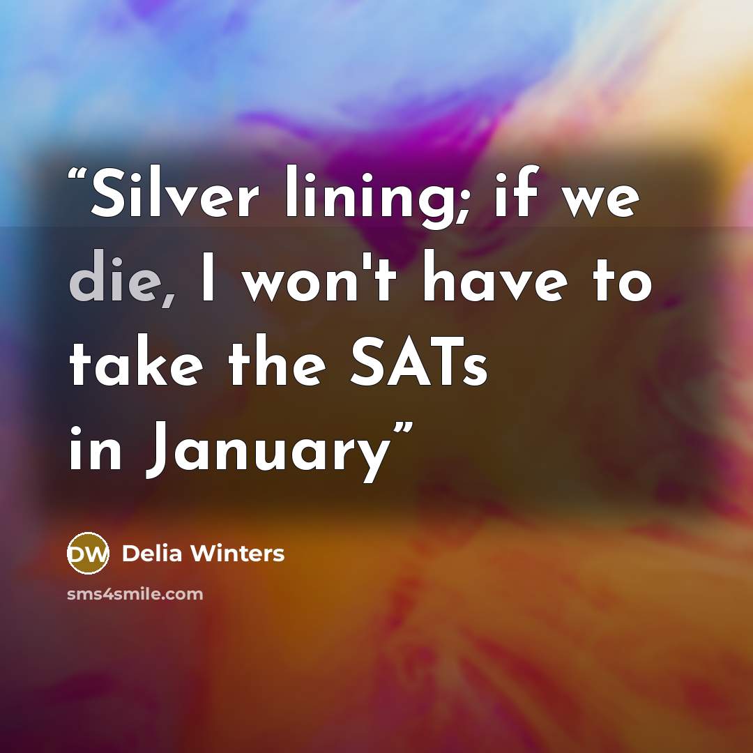 “Silver lining; if we die, I won't have to take the SATs in January” quote by Delia Winters