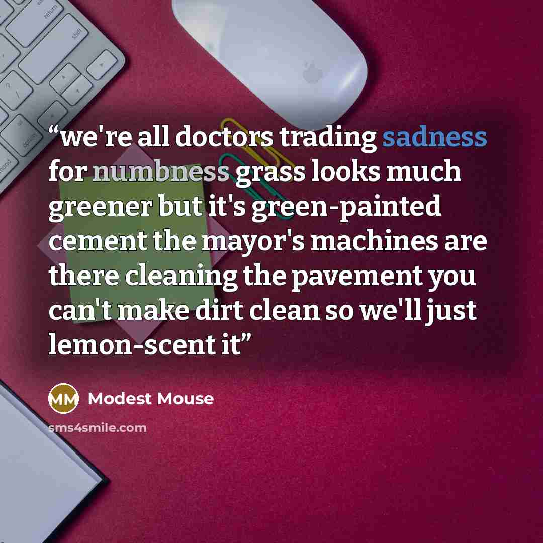 “we're all doctors trading sadness for numbness grass looks much greener but it's green-painted cement the mayor's machines are there cleaning the pavement you can't make dirt clean so we'll just lemon-scent it” quote by Modest Mouse