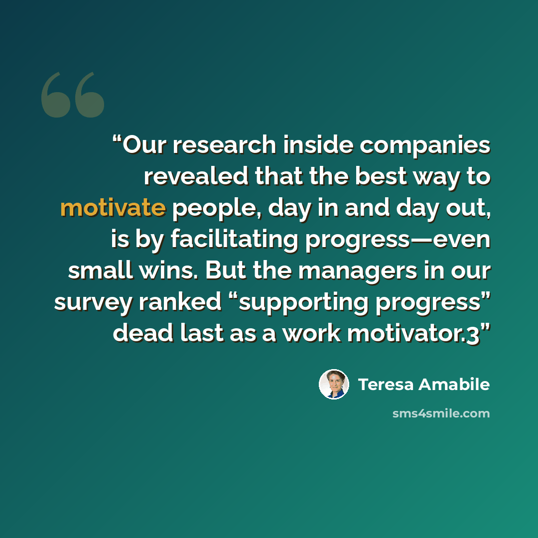“Our research inside companies revealed that the best way to motivate people, day in and day out, is by facilitating progress—even small wins. But the managers in our survey ranked “supporting progress” dead last as a work motivator.3” quote by Teresa Amabile