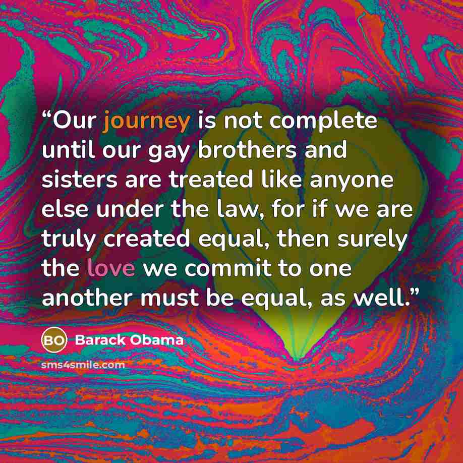 “Our journey is not complete until our gay brothers and sisters are treated like anyone else under the law, for if we are truly created equal, then surely the love we commit to one another must be equal, as well.” quote by Barack Obama
