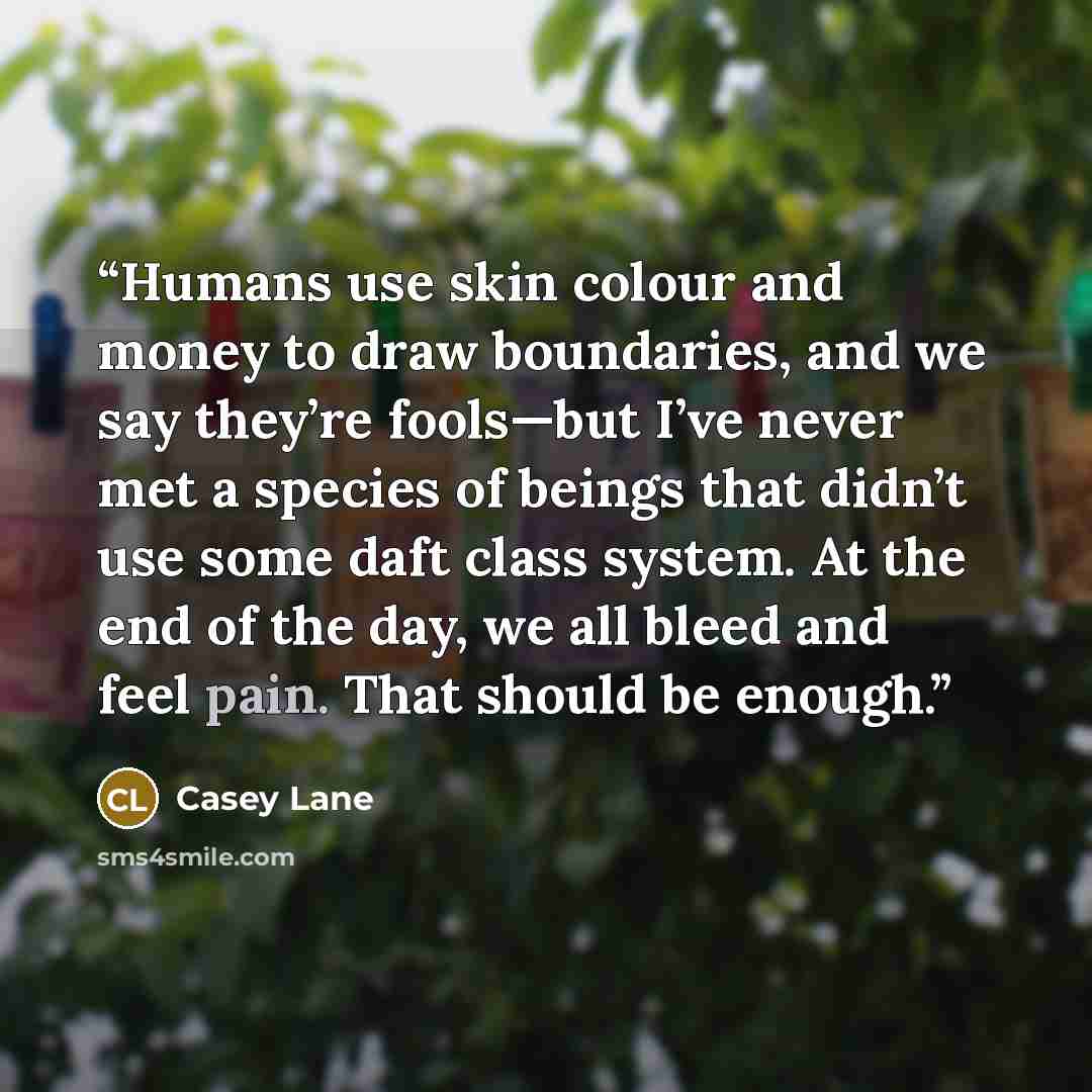 “Humans use skin colour and money to draw boundaries, and we say they’re fools—but I’ve never met a species of beings that didn’t use some daft class system. At the end of the day, we all bleed and feel pain. That should be enough.” quote by Casey Lane